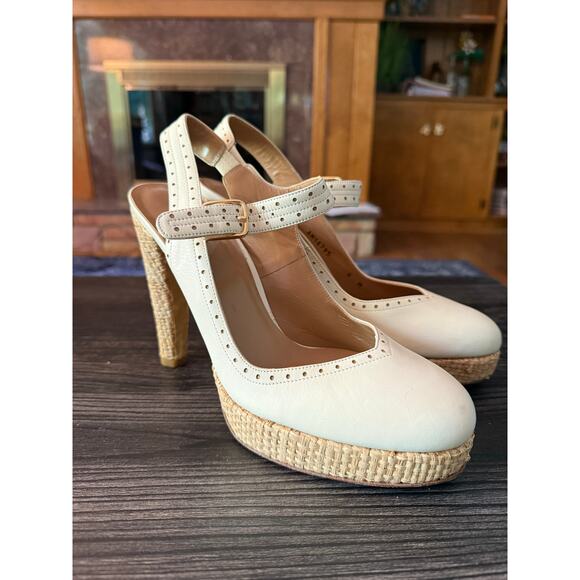 Stuart Weitzman Ivory Leather and Raffia Platform Sling Back Heel Sz. 8M - Picture 1 of 9